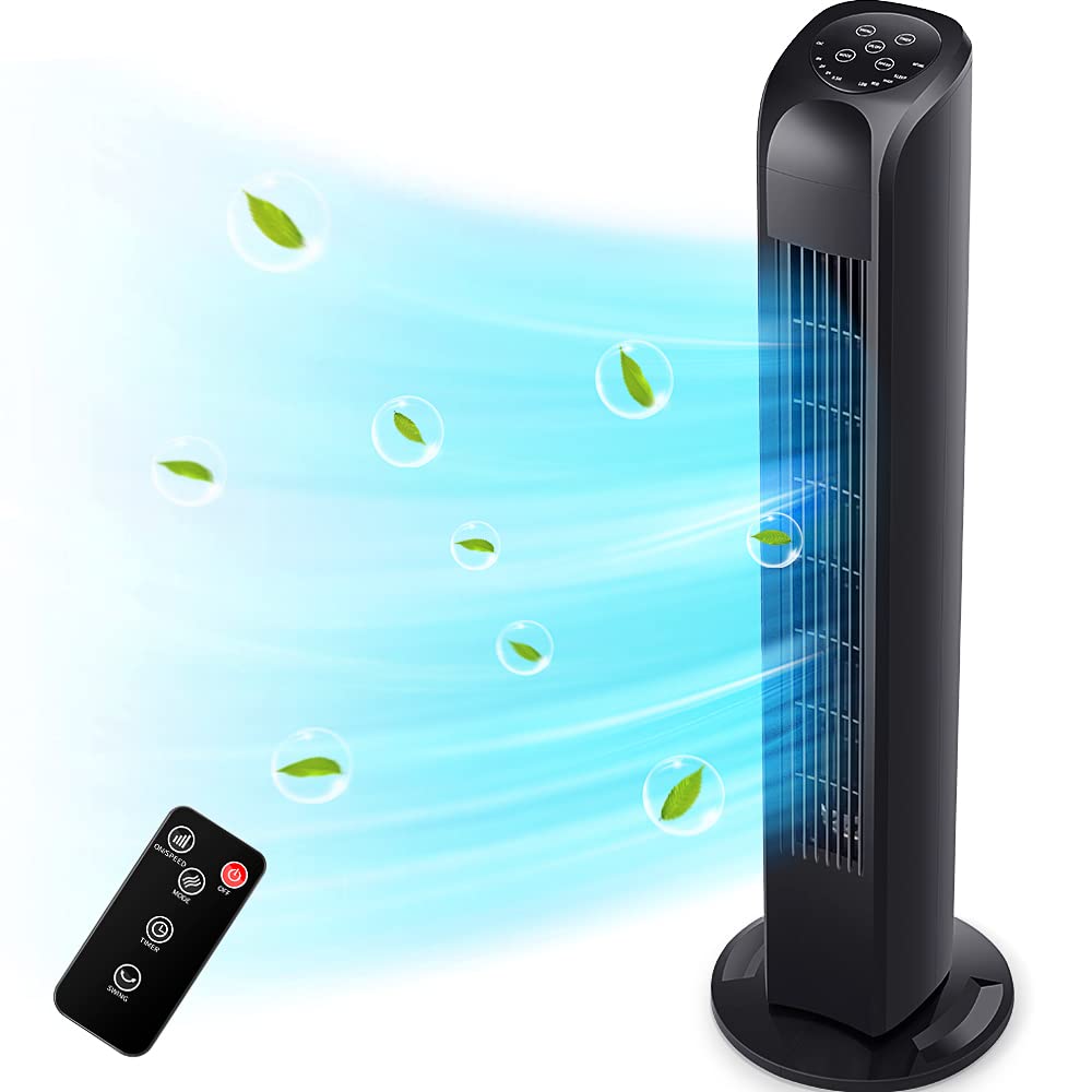 Uthfy Quiet Cooling Bladeless Tower Fan for Bedroom and Office, 30 inches, Black with Remote Control