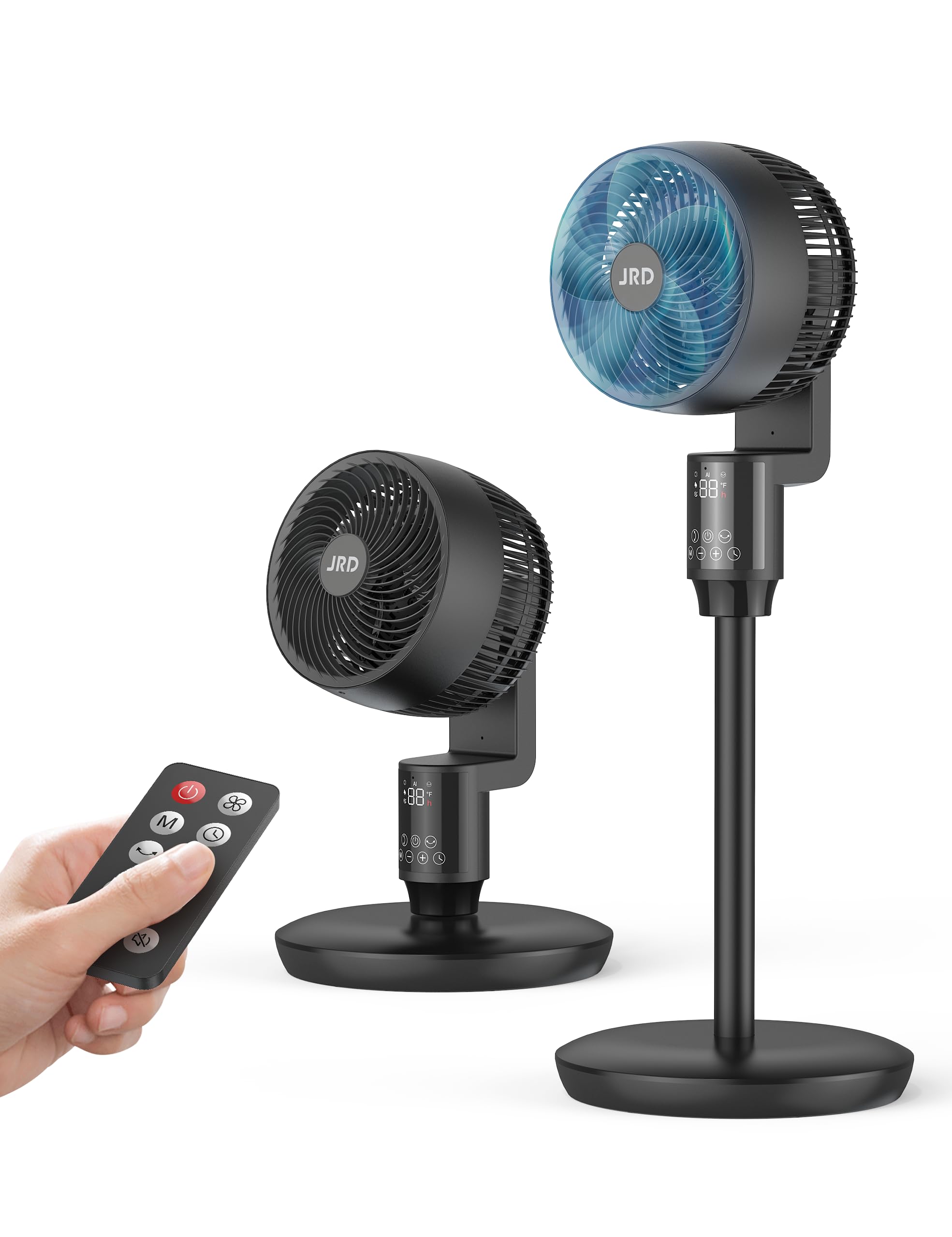 JRD Quiet Standing Fan for Bedroom, 70° Oscillating, 3 Modes, 6 Speeds, 90° Vertical, Adjustable Height 19-38", 24H Time